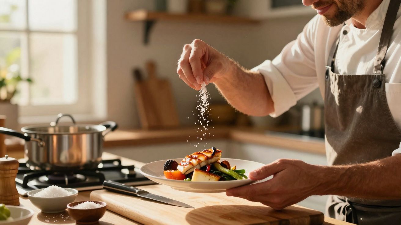 Chef a polvilhar sal sobre um prato gourmet com legumes e fruta numa cozinha bem iluminada.