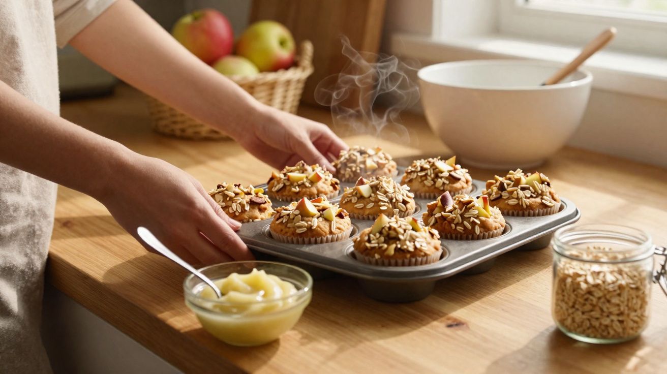 Mãos a retirar muffins quentes com aveia e frutos secos de forma metálica numa cozinha ensolarada.
