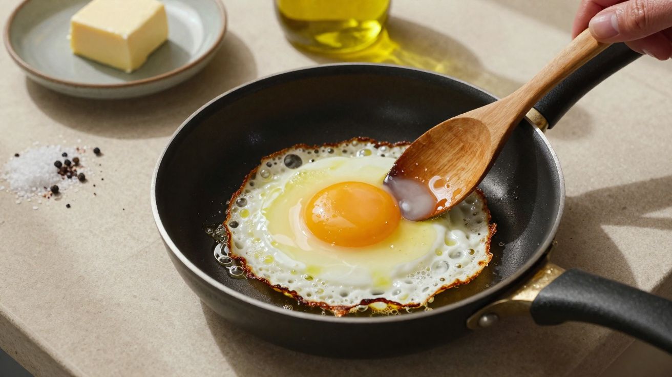 Ovo a fritar numa frigideira preta com uma colher de pau, manteiga e azeite ao lado.
