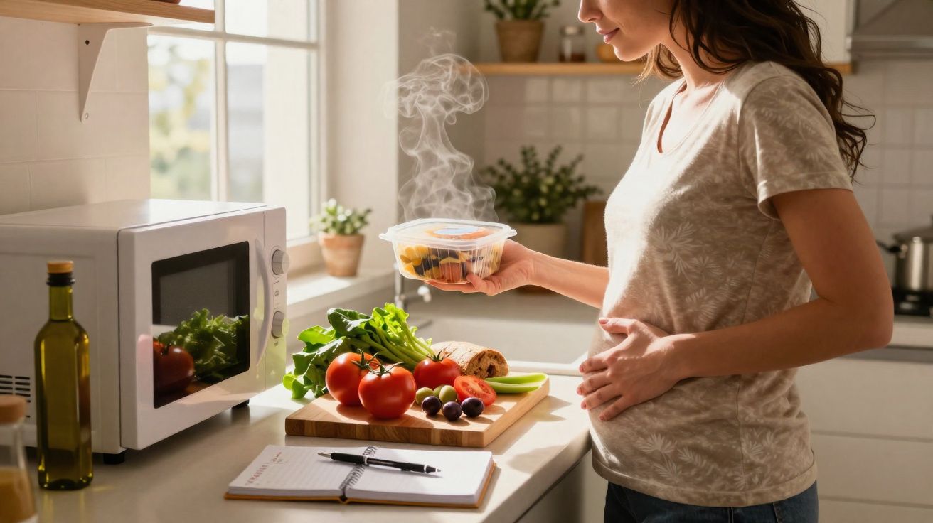Mulher grávida segura recipiente com comida quente na cozinha, com legumes e micro-ondas ao lado.