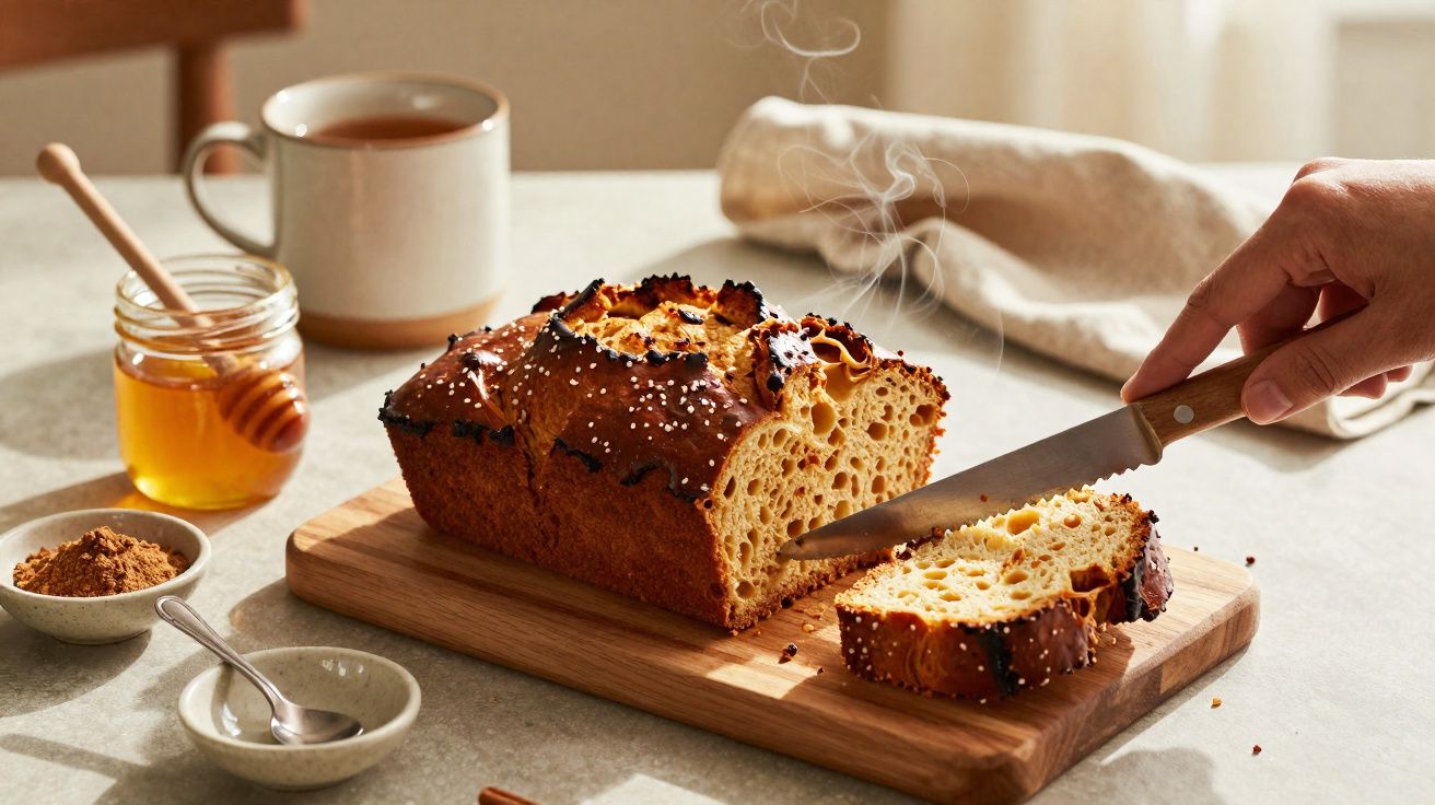 Pão acabado de cortar a fumegar numa tábua, com mel, canela e chá ao fundo.