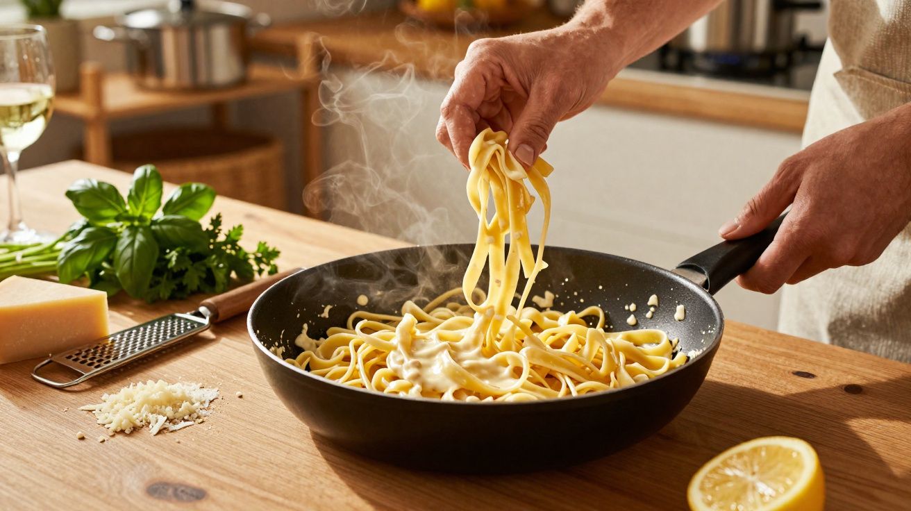 Mãos seguram uma frigideira com massa fresca e molho cremoso, com queijo ralado e ervas na mesa de madeira.