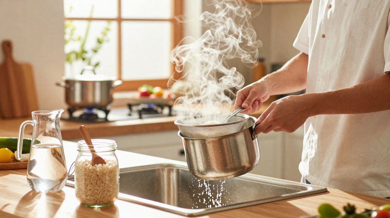 Pessoa a coar arroz com peneira sobre lava-loiças numa cozinha luminosa e moderna.