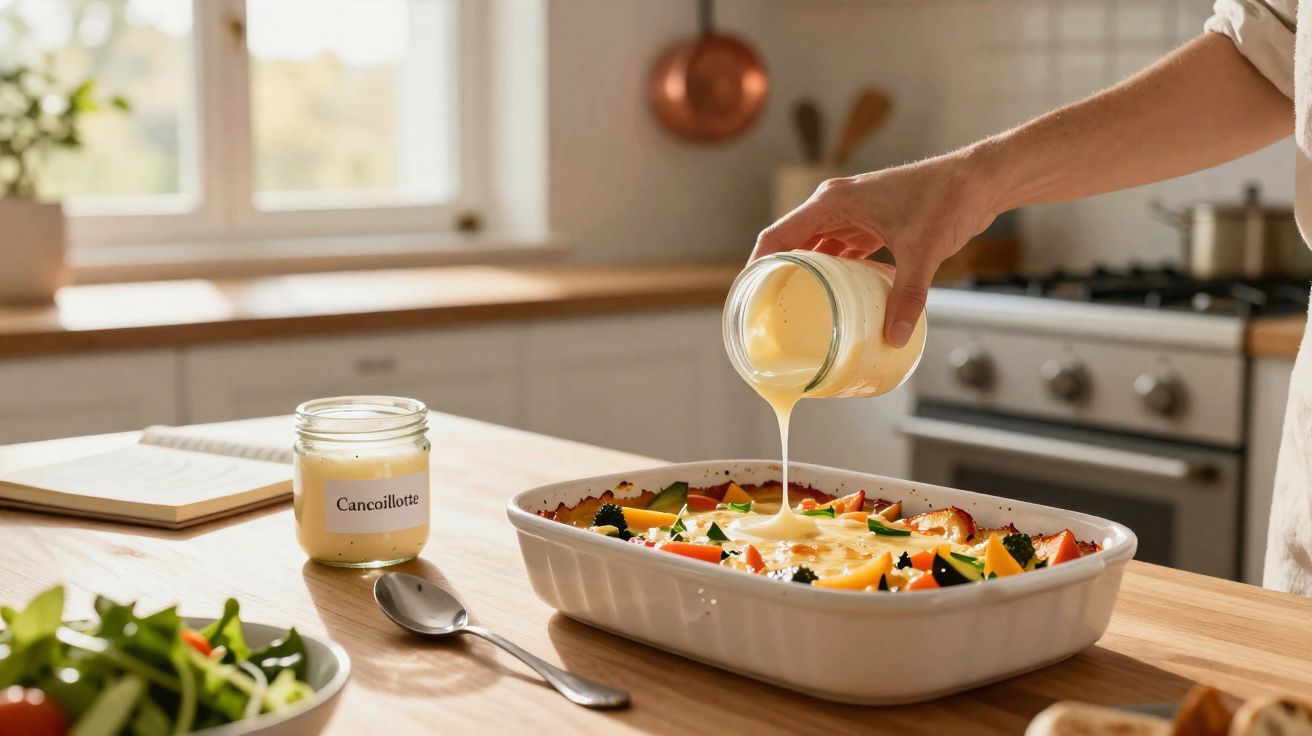 Mão a servir molho cancoillotte sobre legumes numa forma branca numa cozinha iluminada.