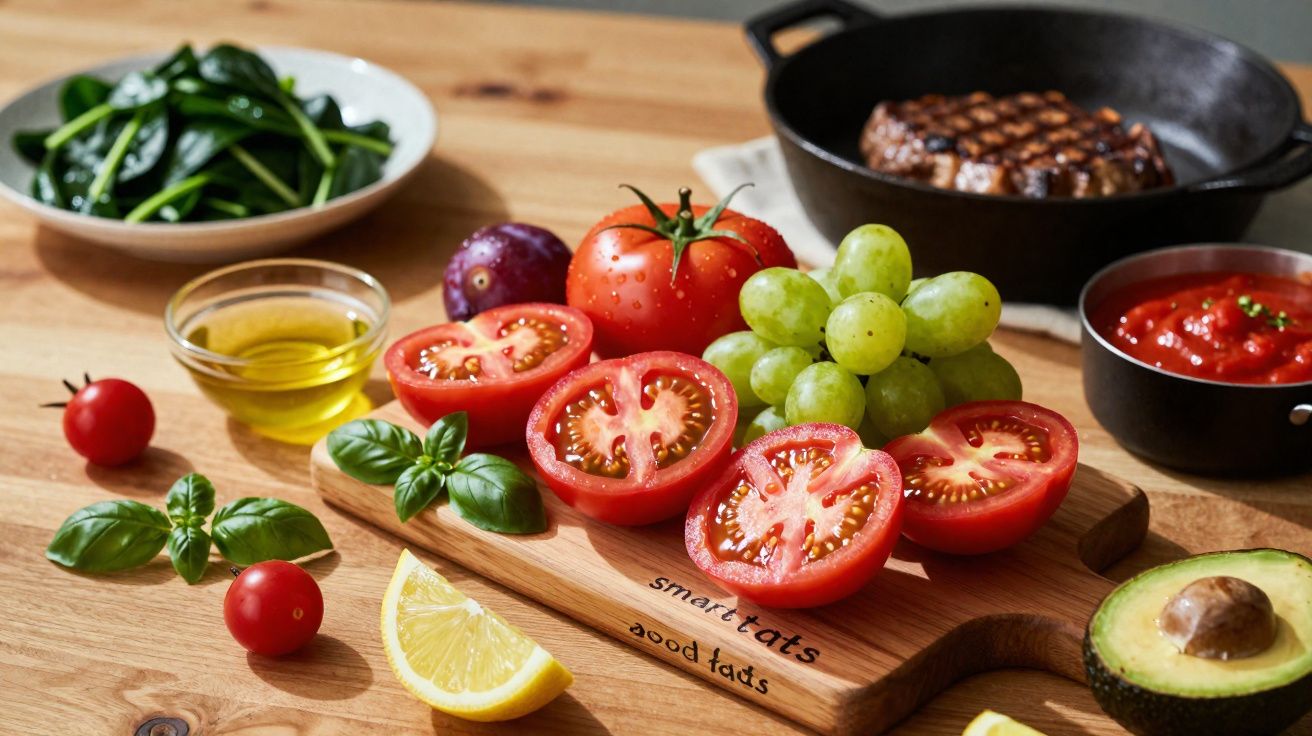 Tomates cortados, uvas verdes, espinafres, limão, abacate, azeite e ervas numa tábua de madeira.