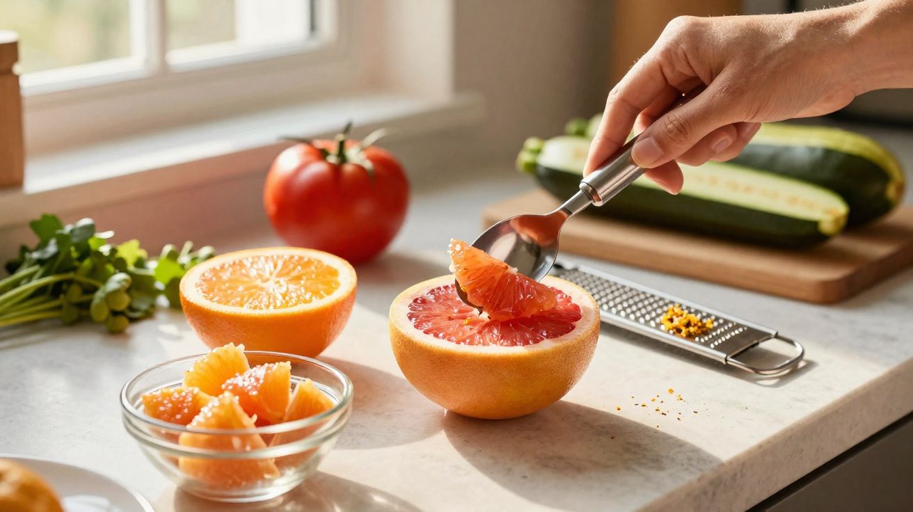 Mão a retirar pedaço de toranja com colher, perto de legumes, na bancada da cozinha iluminada.