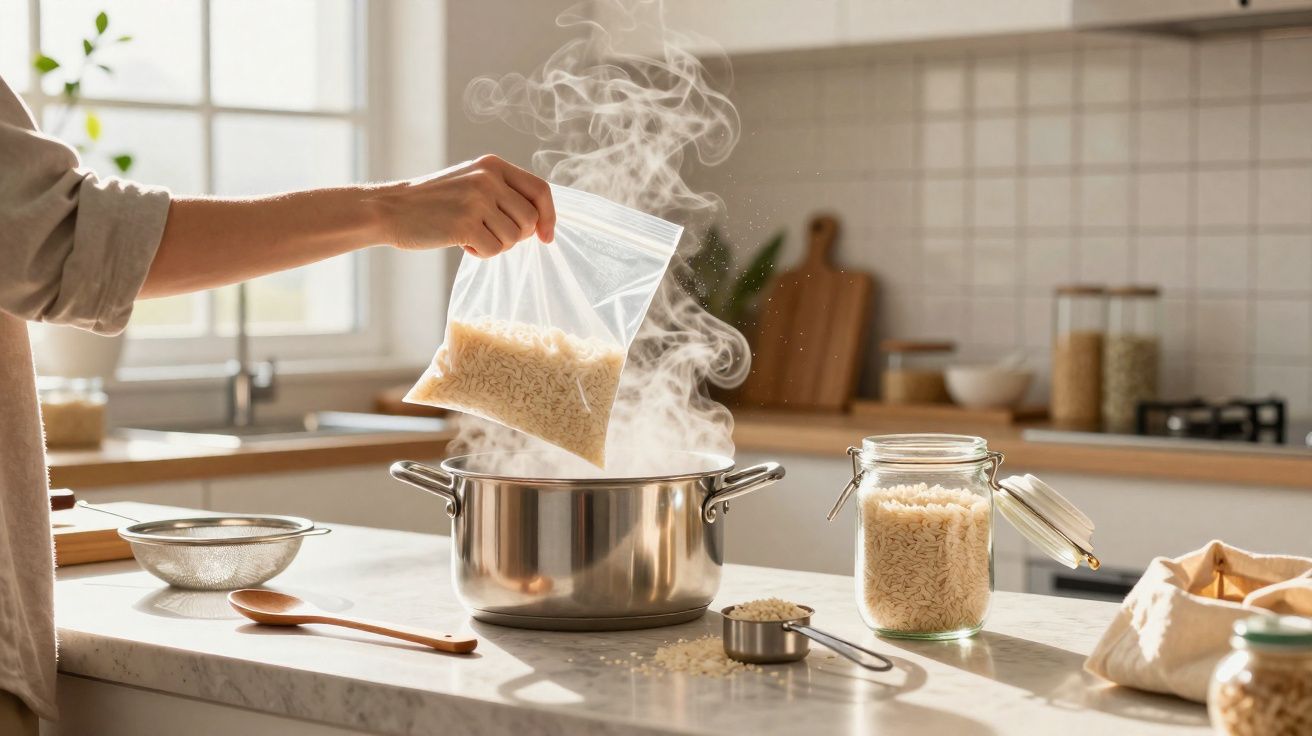 Pessoa a verter arroz de um saco plástico para uma panela a vapor numa cozinha moderna.