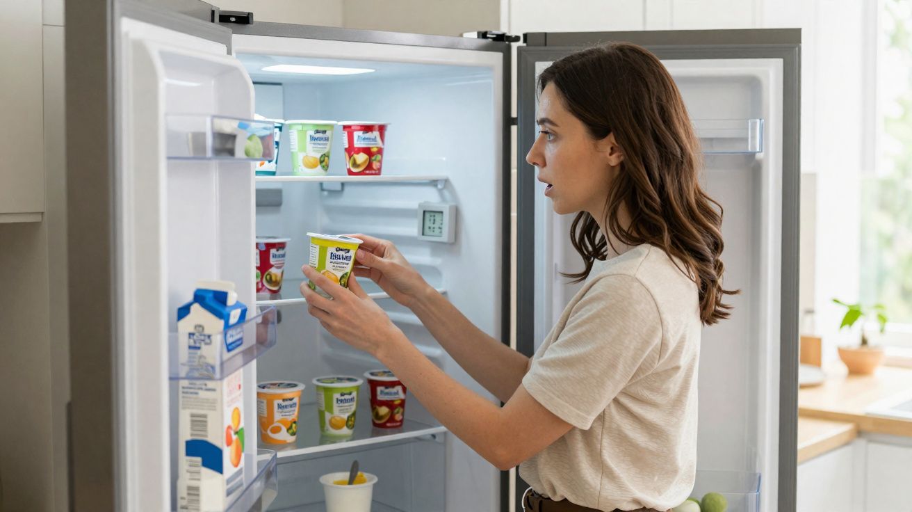 Mulher de cabelo castanho a tirar iogurte amarelo do frigorífico aberto numa cozinha moderna.