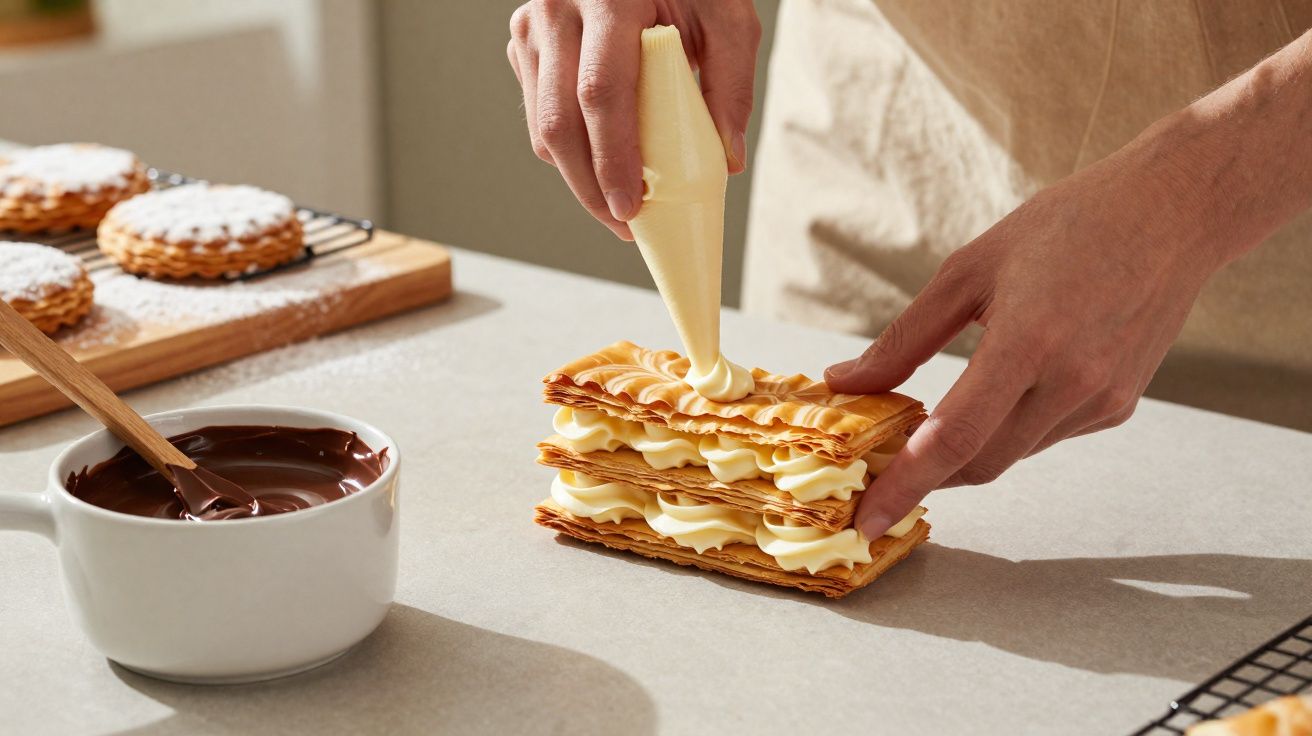 Mãos a rechear folhados com creme e calda de chocolate numa taça numa cozinha iluminada.