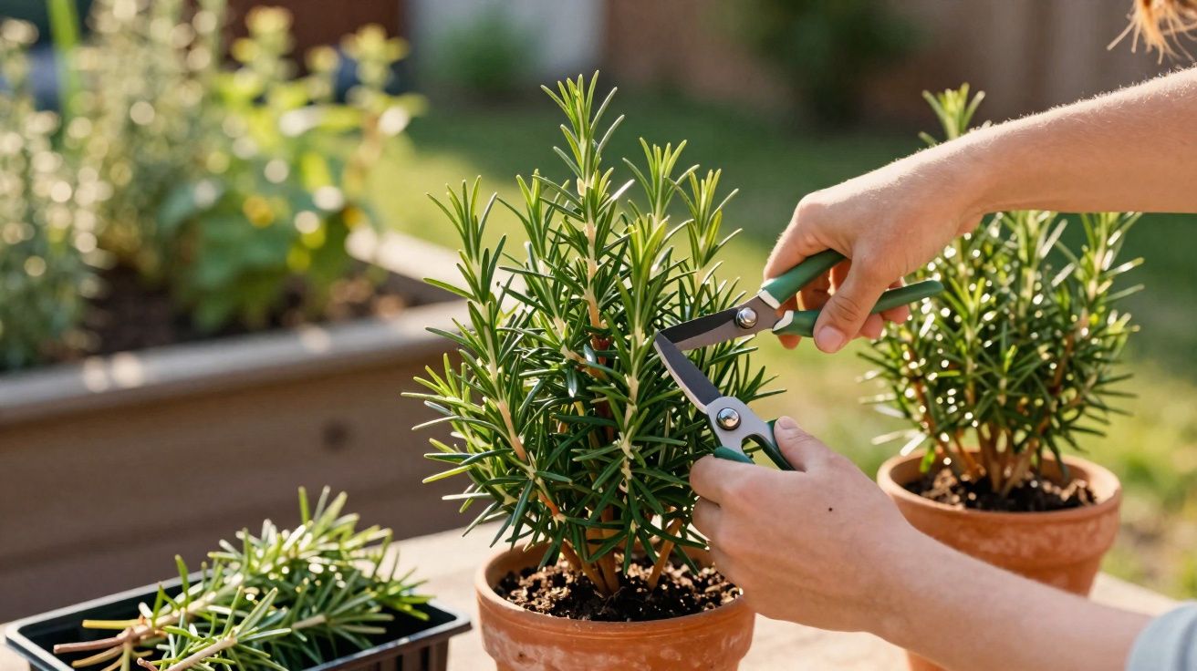 Pessoa a podar um arbusto verde em vaso de barro num jardim ensolarado.