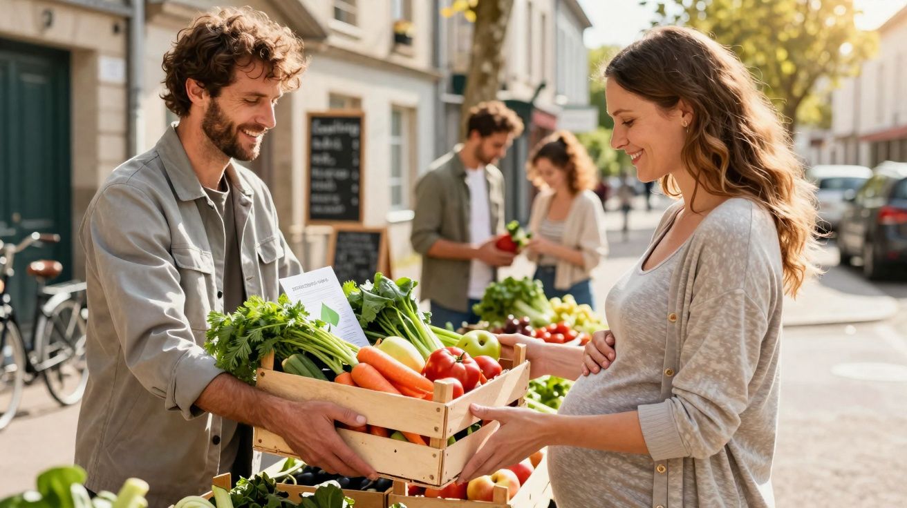 Homem a entregar caixa com legumes frescos a mulher grávida numa feira ao ar livre numa rua urbana.