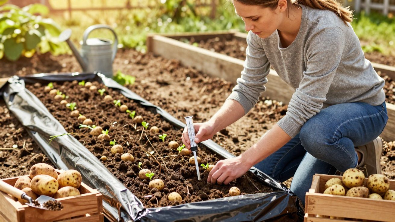 Mulher a plantar batatas numa horta, usando termómetro para medir a temperatura do solo, rodeada de batatas.