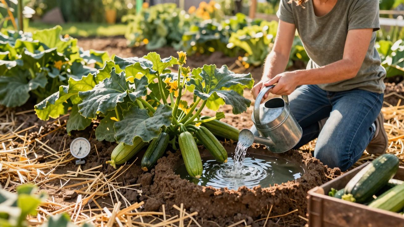 Pessoa a regar planta de courgette num jardim com regador metálico em dia de sol.