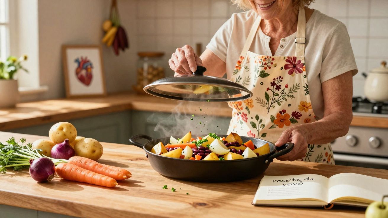 Mulher idosa a cozinhar legumes numa frigideira, com legumes frescos e um livro de receitas na bancada.