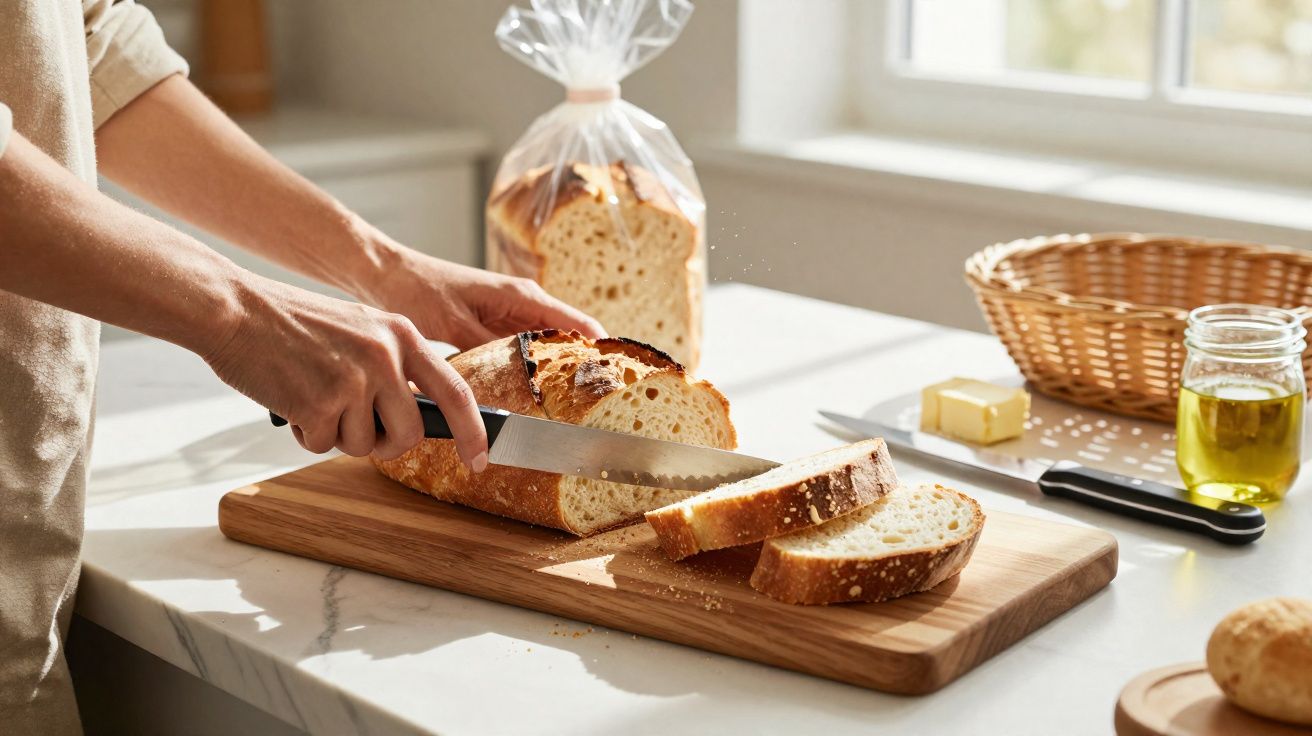 Pessoa a cortar pão numa tábua de madeira numa cozinha iluminada pela luz natural.