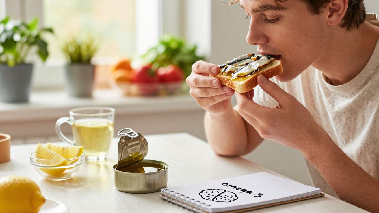 Jovem a comer tosta com sardinhas num ambiente iluminado com nota sobre omega-3 na mesa.