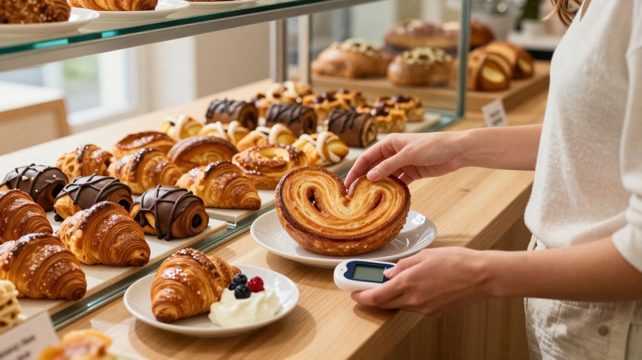 Pessoa a escolher pastelaria numa montra com croissants, folhados e doces variados numa pastelaria moderna.