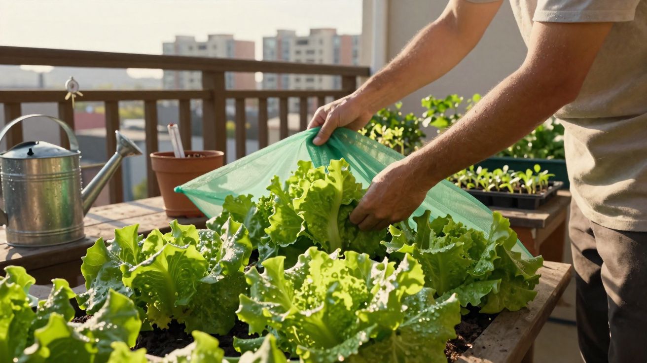 Pessoa a cuidar de alfaces num jardim urbano na varanda com regador ao lado ao fim da tarde.