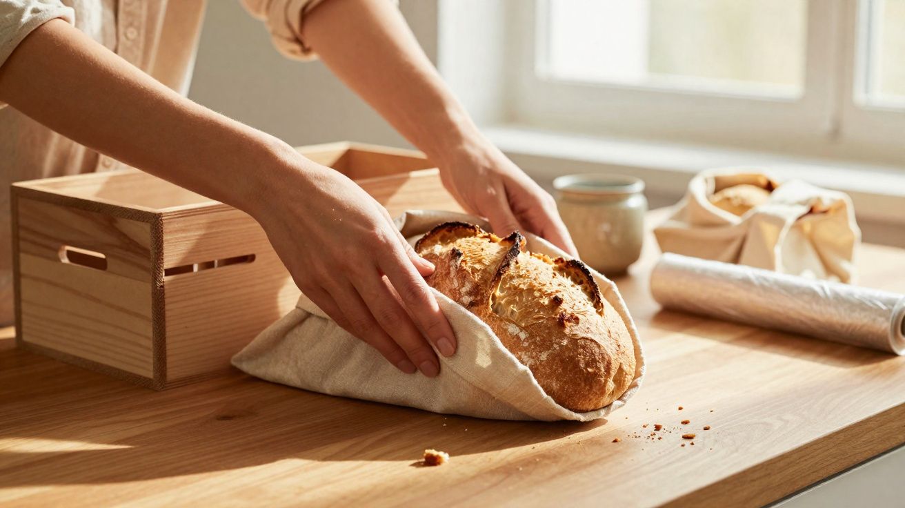 Pessoa a guardar pão caseiro num pano sobre uma bancada de madeira iluminada pela luz natural.