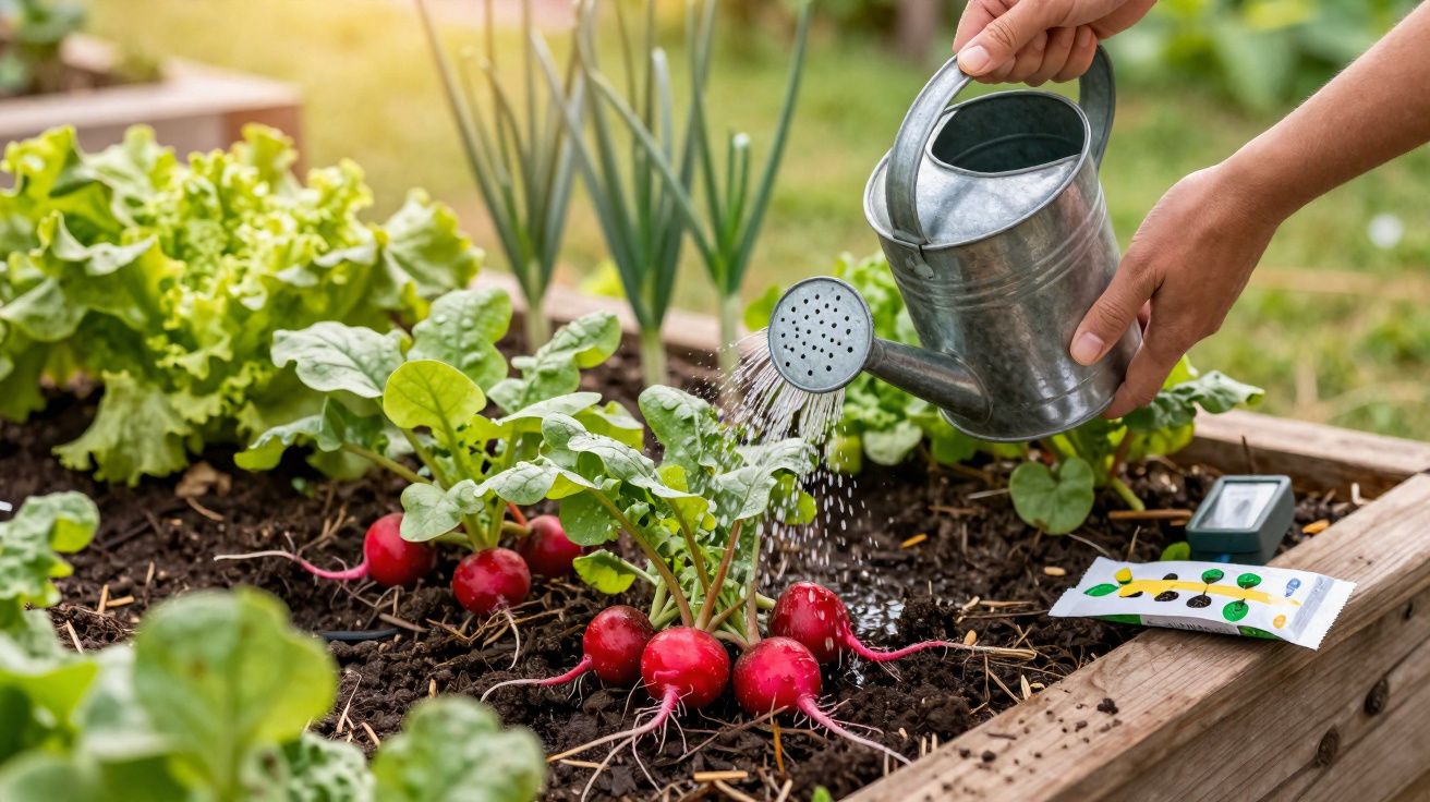 Pessoa a regar rabanetes vermelhos em canteiro de madeira num jardim.