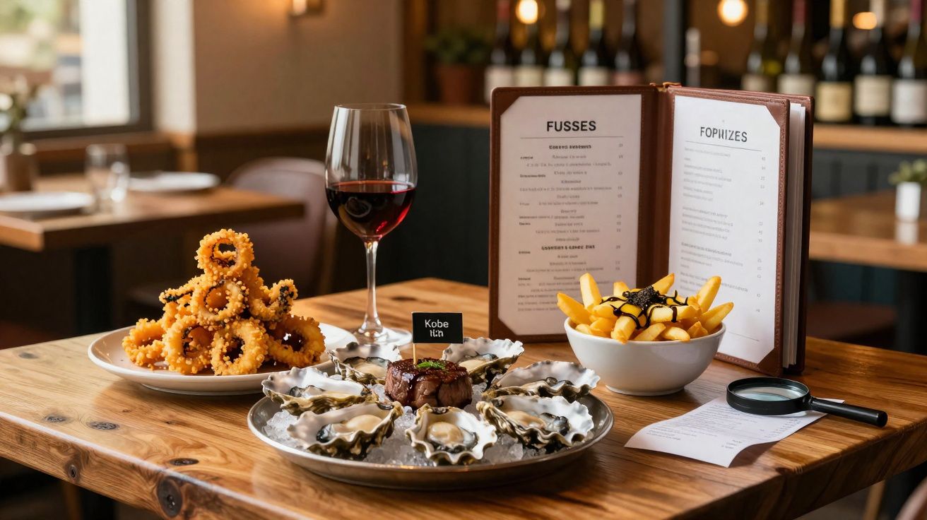 Mesa de madeira com prato de ostras, anéis de cebola, copo de vinho tinto e menu aberto.