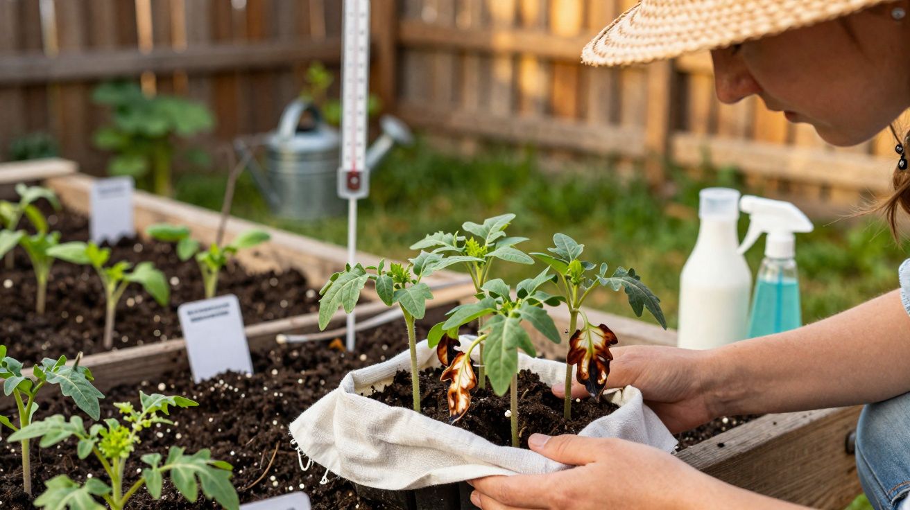 Pessoa a transplantar plantas jovens num jardim com ferramentas de jardinagem ao fundo.