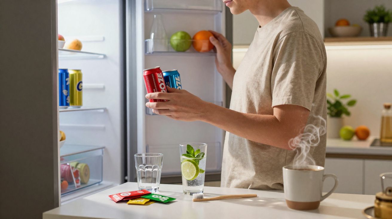 Pessoa a escolher bebidas no frigorífico aberto numa cozinha moderna com copo de água e chá quente na bancada.