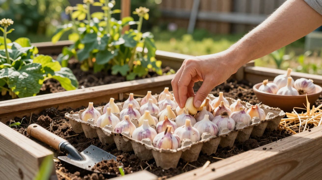 Mão a segurar alhos embalados para plantação numa horta com terra e flores ao fundo.