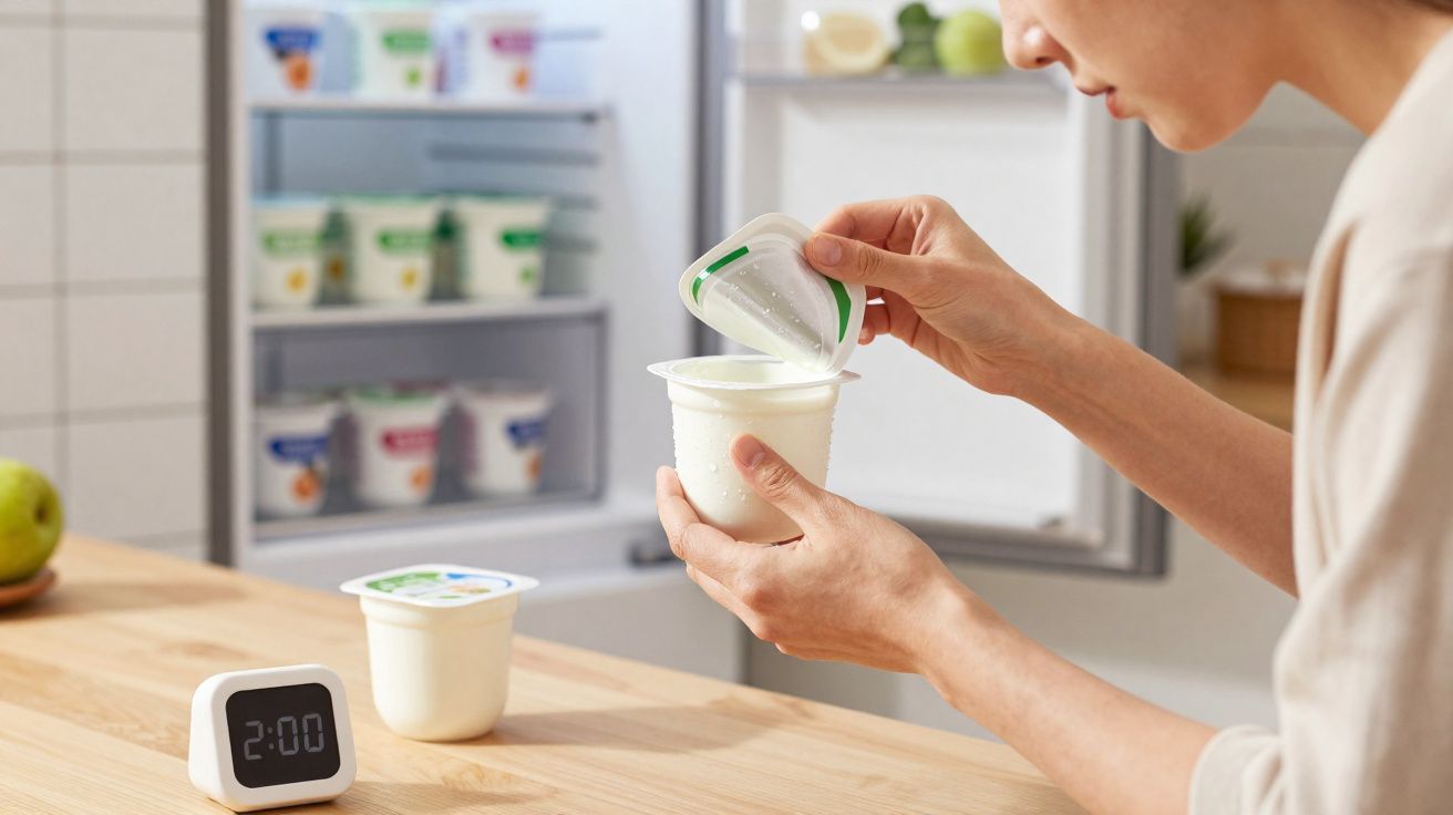 Pessoa a abrir um iogurte natural junto a frigorífico aberto e um relógio digital na bancada.