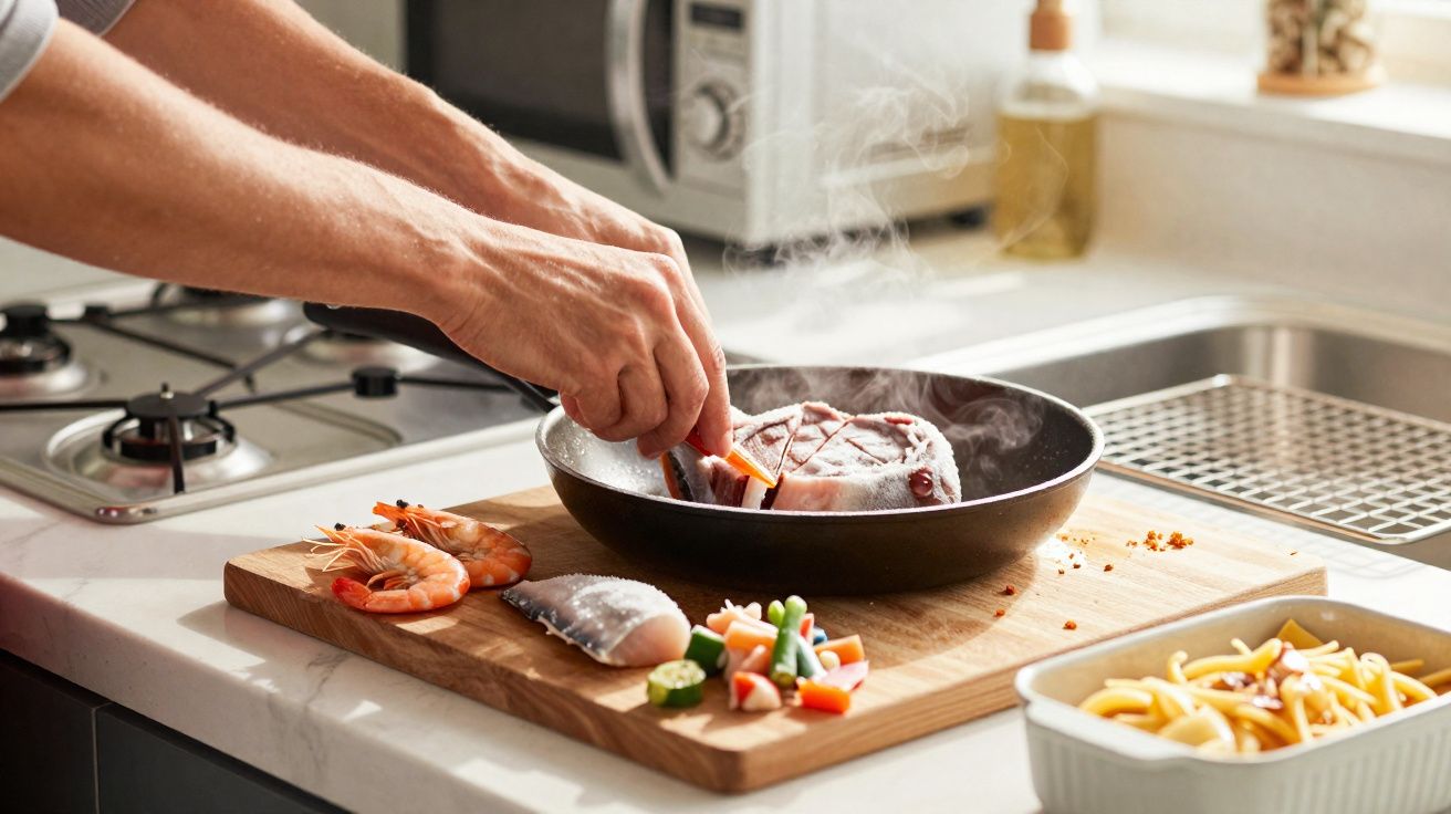 Mãos a cozinhar carne numa frigideira, com marisco e legumes frescos numa tábua na bancada da cozinha.