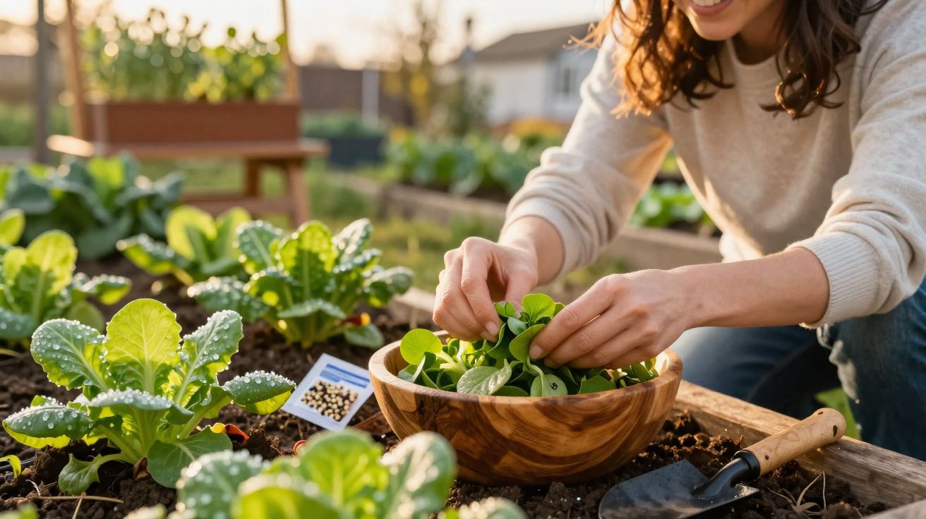 Mulher a colher folhas verdes frescas numa horta urbana ao ar livre ao fim da tarde.