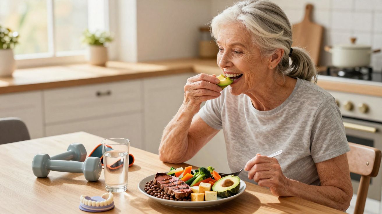 Idosa feliz a comer abacate na cozinha, com prato saudável, halteres e dentadura na mesa.