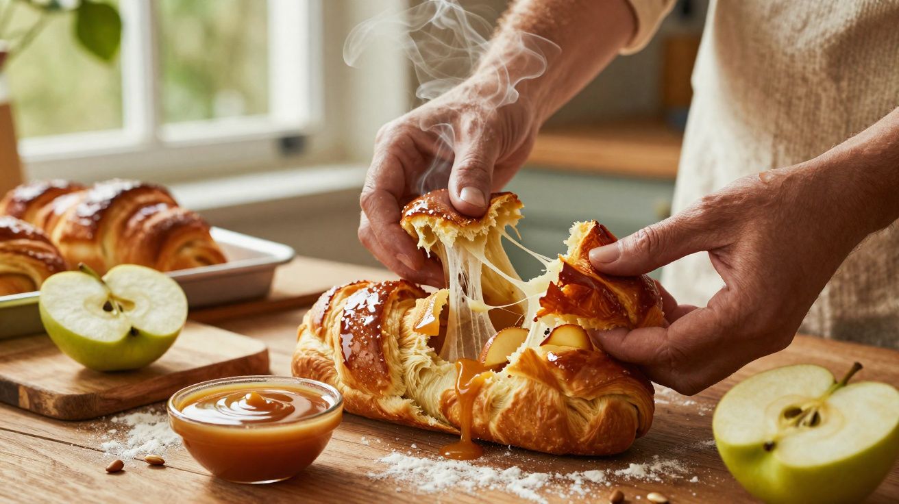 Mãos a abrir um croissant recheado com queijo derretido e caramelo numa cozinha com maçãs verdes cortadas.