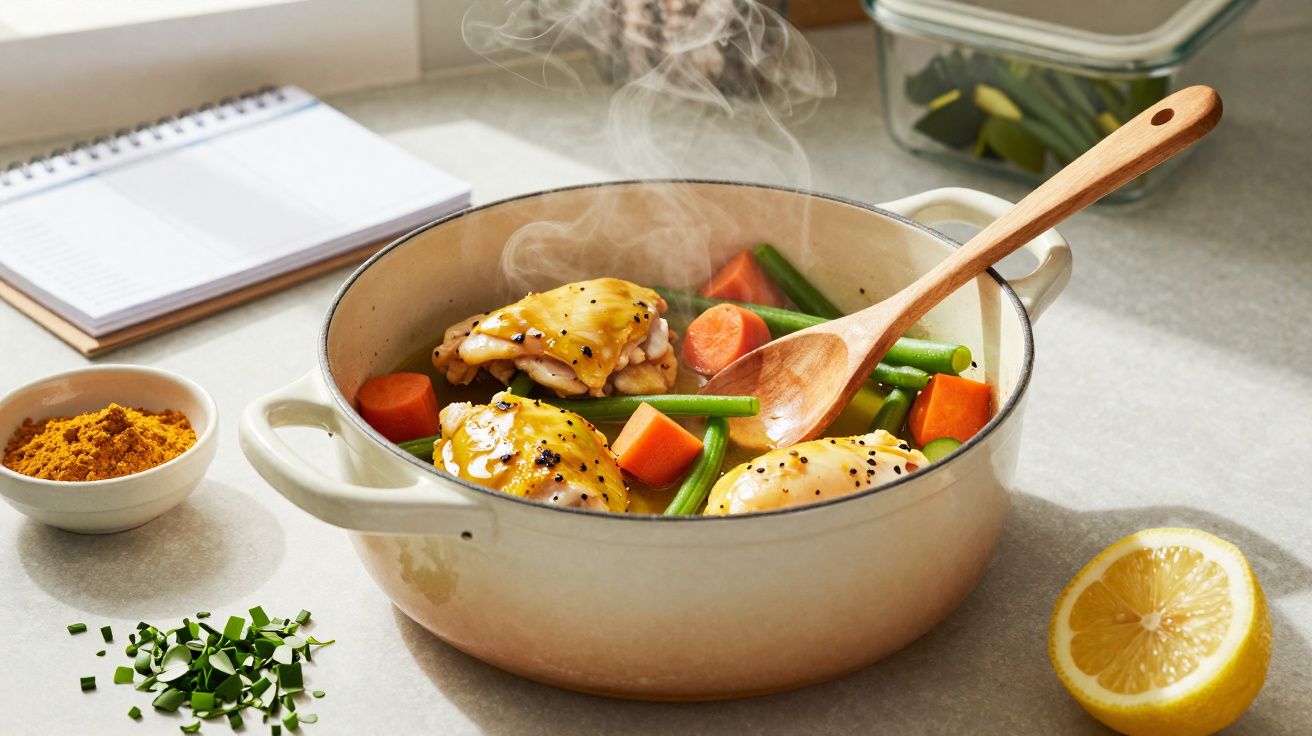 Panela com frango, cenoura e feijão verde a cozinhar com colher de pau e limão cortado na bancada.