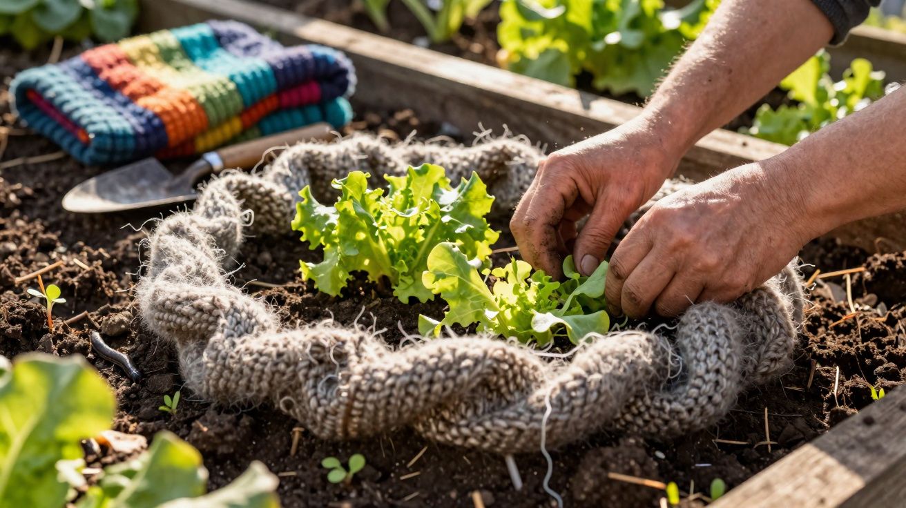 Mãos a cuidar de alface num canteiro com proteção em tecido tricotado e luva colorida ao fundo.