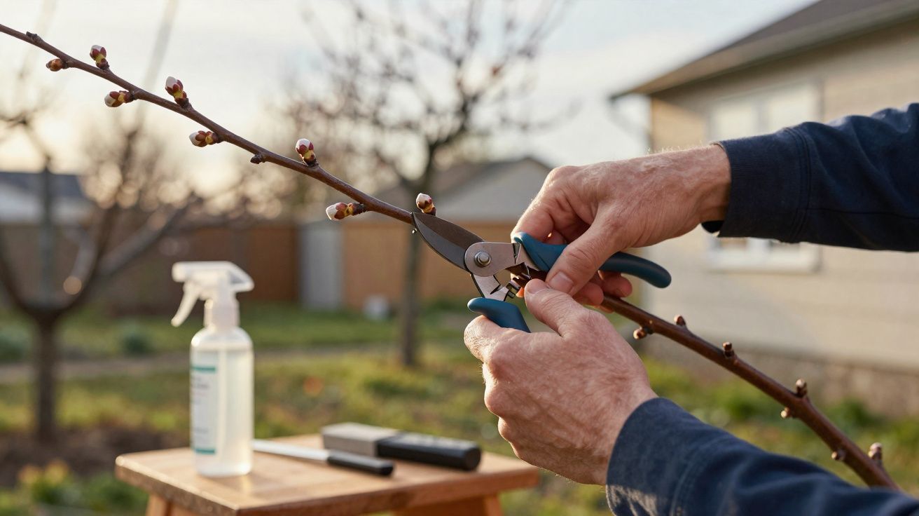 Pessoa a podar ramo em jardim, com tesoura de poda azul, numa tarde solarenga.