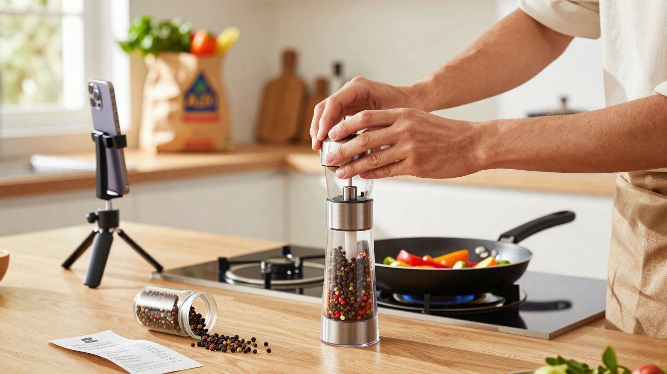 Pessoa moendo mistura de pimentas num moinho transparente numa cozinha moderna, com legumes na frigideira ao fundo.