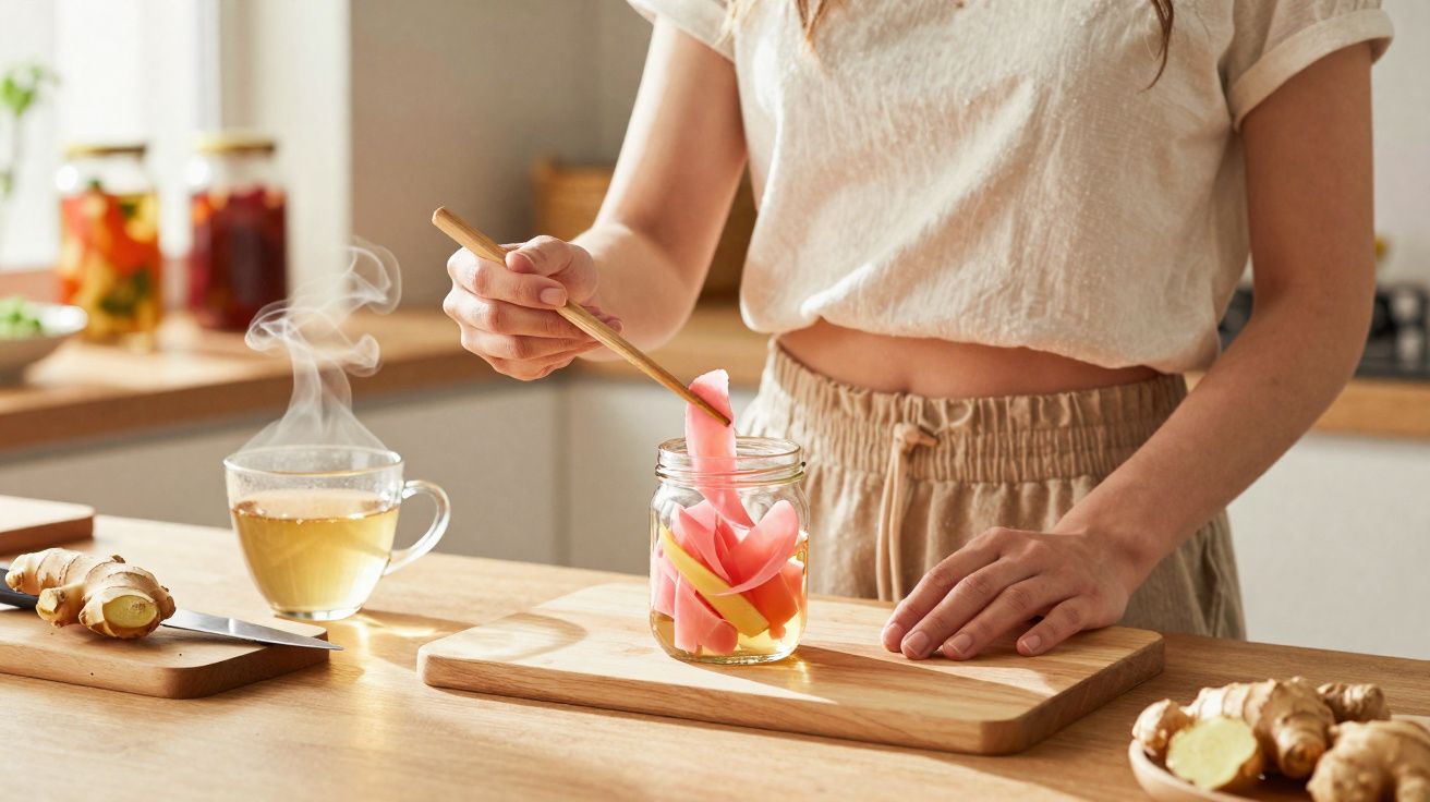 Pessoa a preparar infusão com fatias de gengibre e chá quente numa cozinha moderna.