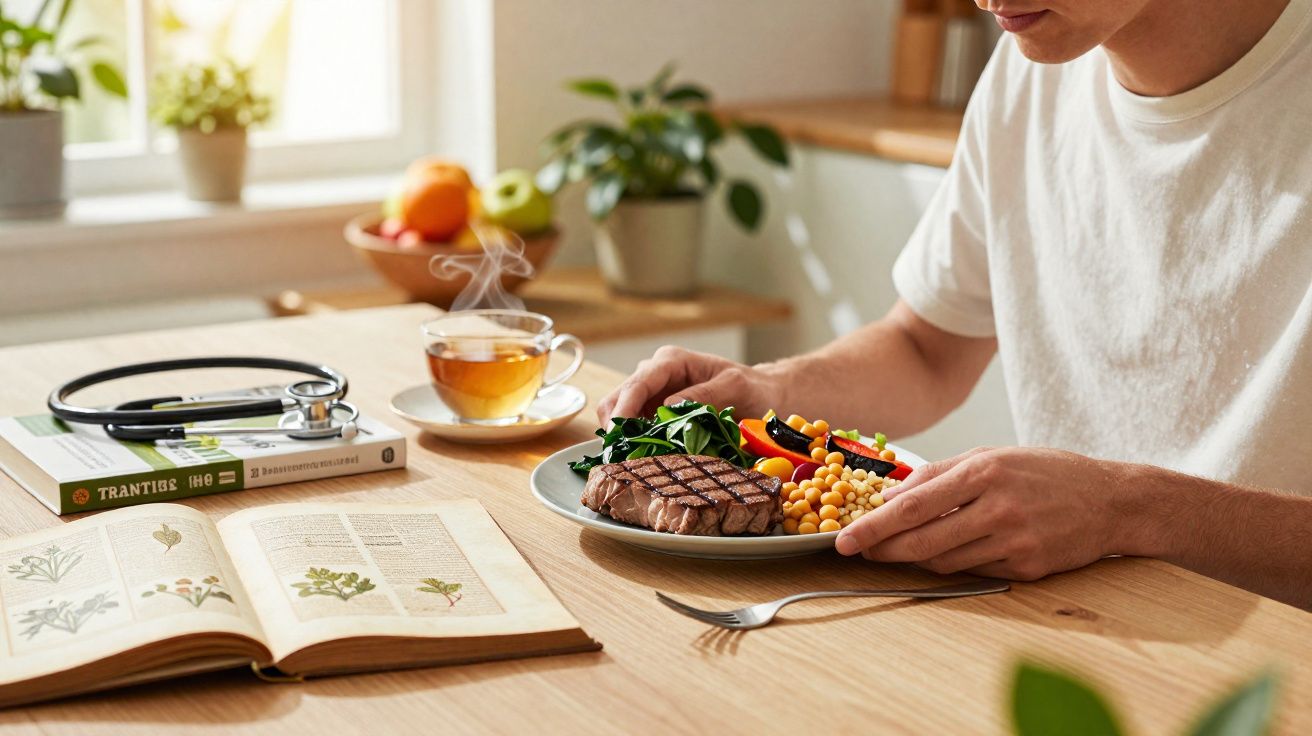 Pessoa sentada à mesa com prato de comida saudável, livro aberto e chá quente numa sala luminosa.