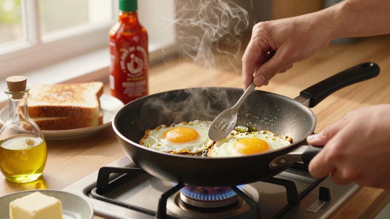 Frigideira no fogão com duas gemas de ovo a fritar e mão a cozinhar usando uma colher.