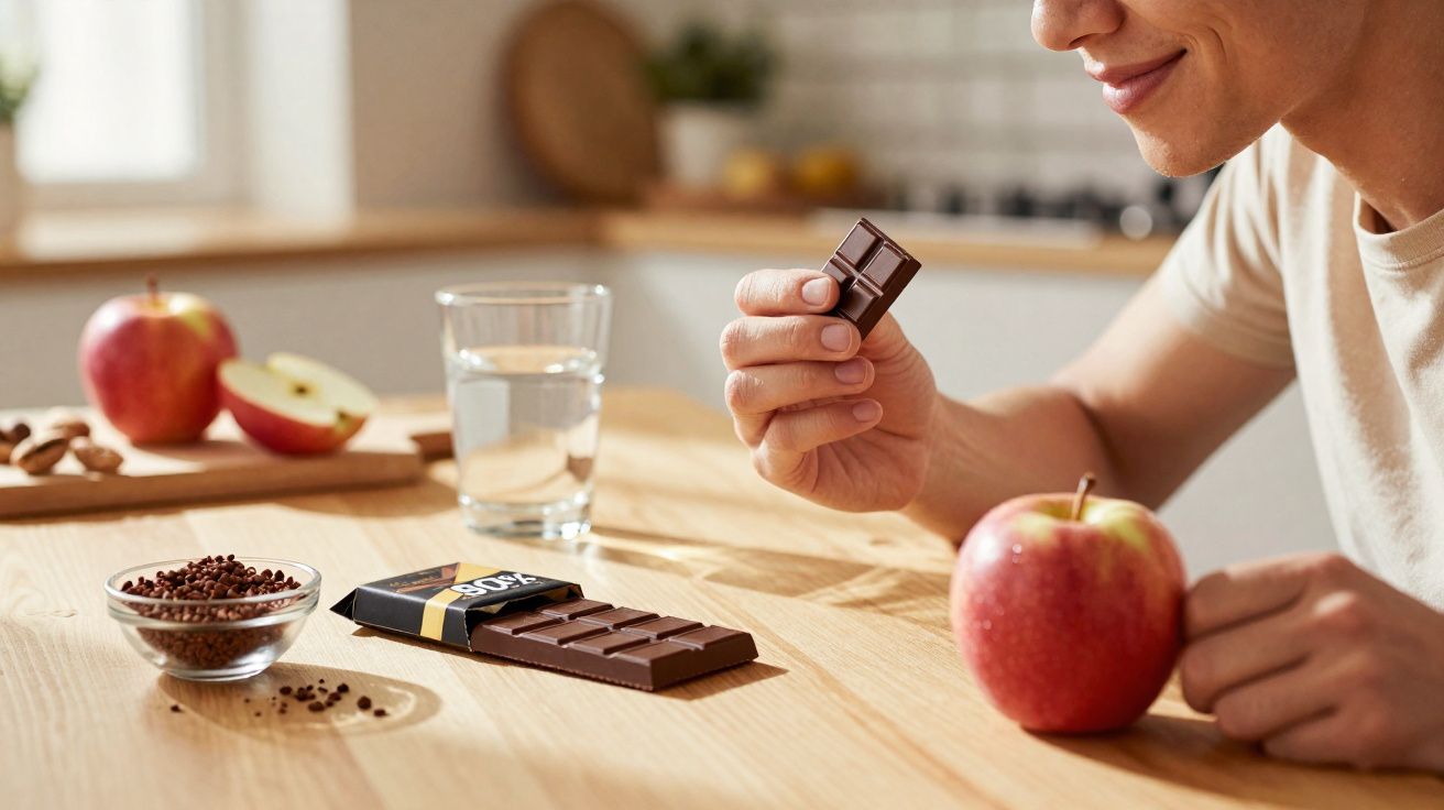 Pessoa a segurar um pedaço de chocolate, com maçã, chocolate e copo de água numa mesa de madeira.