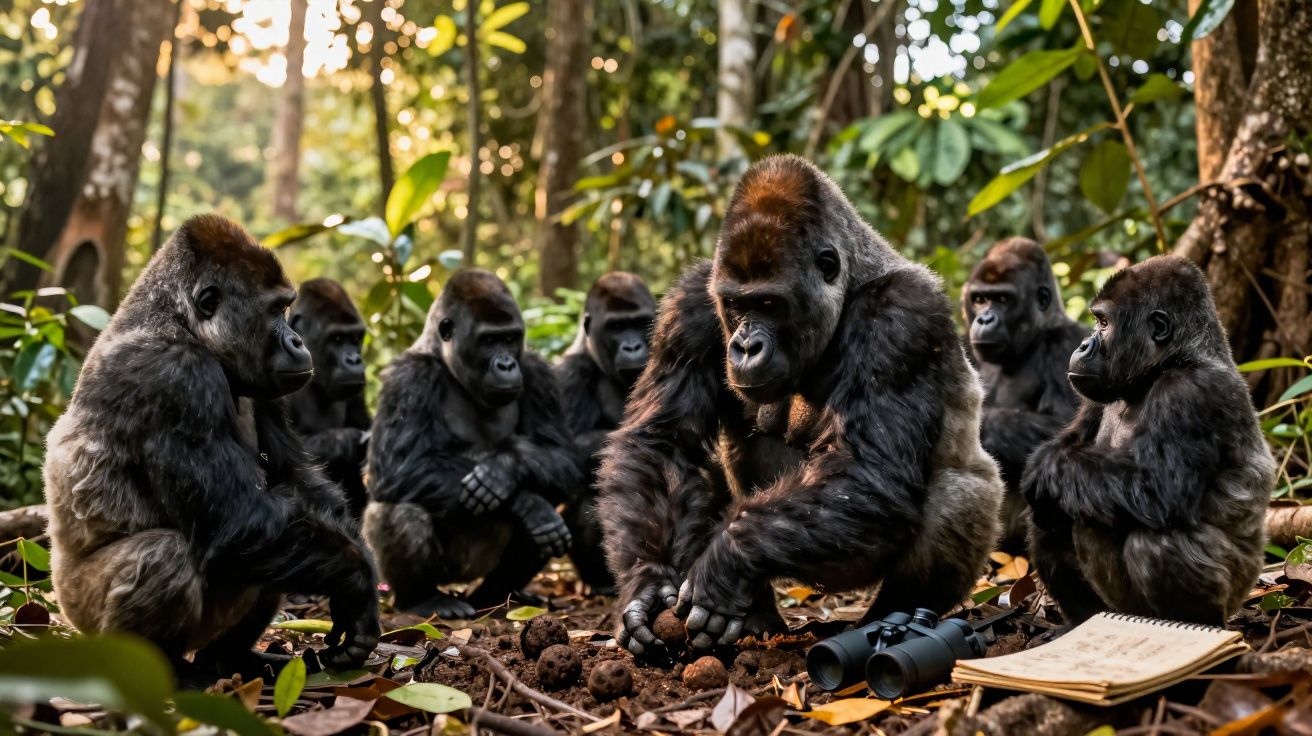Grupo de gorilas sentados na floresta rodeados de binóculos e caderno aberto no chão.