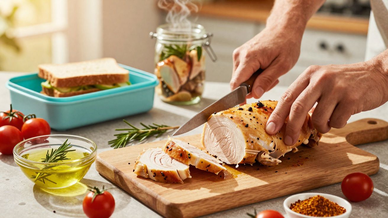 Mãos a fatiar peito de frango assado numa tábua de madeira com tomate cherry e ervas ao lado.