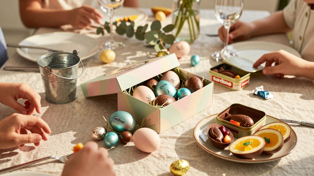 Mesa com ovos de Páscoa decorados, chocolates e mãos de pessoas ao redor num momento festivo.