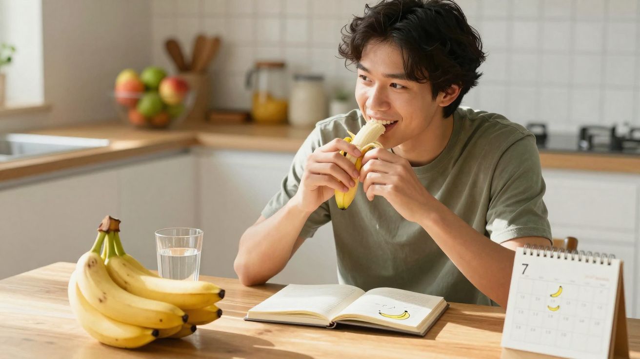 Jovem sentado à mesa na cozinha a comer uma banana, com caderno e calendário à sua frente.