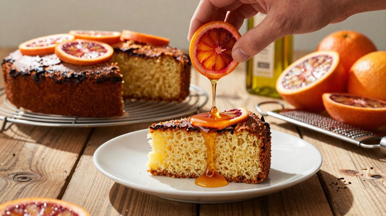 Fatia de bolo com casca crocante coberta por fatias de laranja sanguínea e mel a ser derramado por cima.