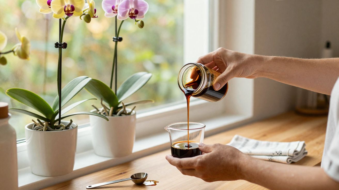 Pessoa a verter café de um frasco para um copo num balcão de madeira junto a uma janela com orquídeas.