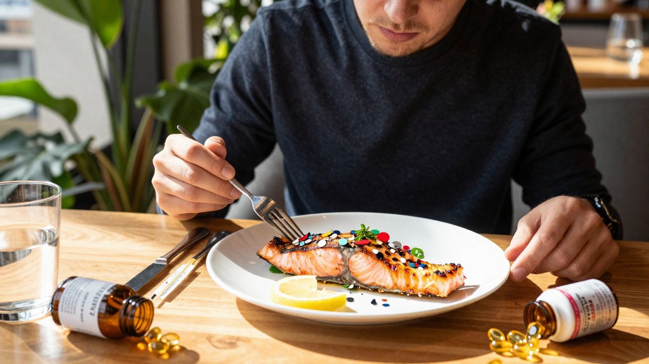 Homem sentado à mesa com prato de salmão decorado com cápsulas de comprimidos e limão, junto a frascos de remédios.