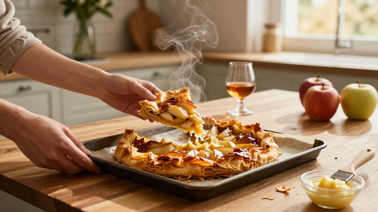 Mãos a servir tarte quente de maçã e caramelo numa bancada de cozinha com maçãs e bebida ao fundo.