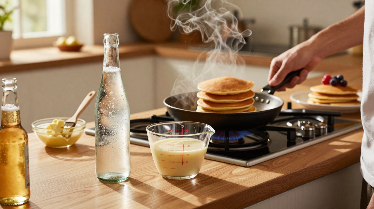 Mãos a cozinhar panquecas numa frigideira com vapor, ingredientes e bebidas numa bancada de cozinha.